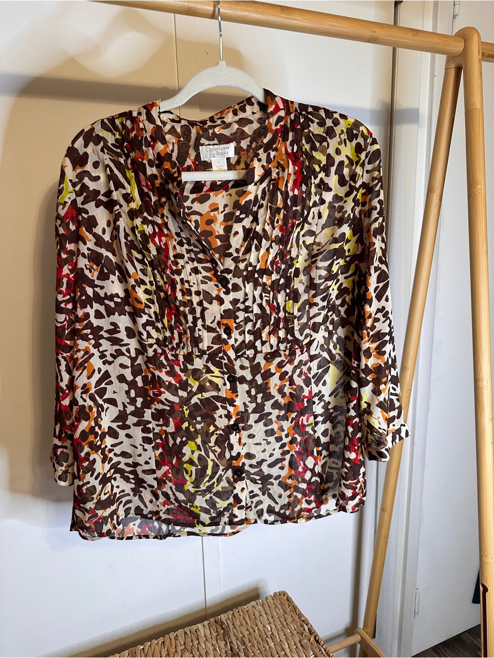 Christopher & Banks Brown Multi-Print V-Neck Blouse